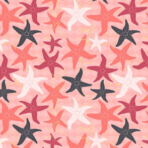 Sea Stars on Scallop Background - Multi Coral and Raspberry and Grey with Yellow Highlights