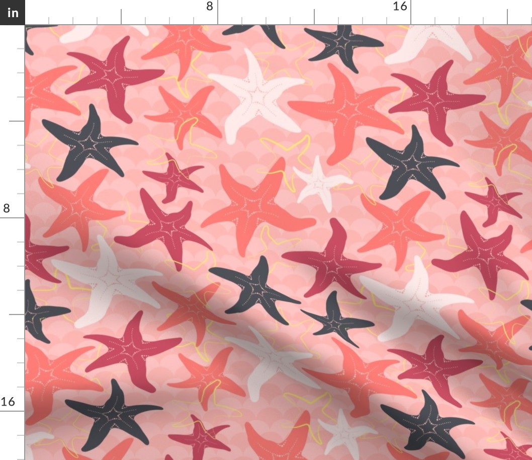 Sea Stars on Scallop Background - Multi Coral and Raspberry and Grey with Yellow Highlights