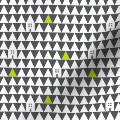 House with Trees Triangles, Simple Geometric Modern Family Neutral Lime Green White