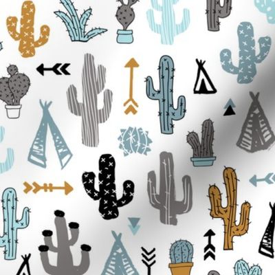 Colorful cactus and teepee botanical summer garden and indian arrow geometric grunge illustration pattern boys blue mustard