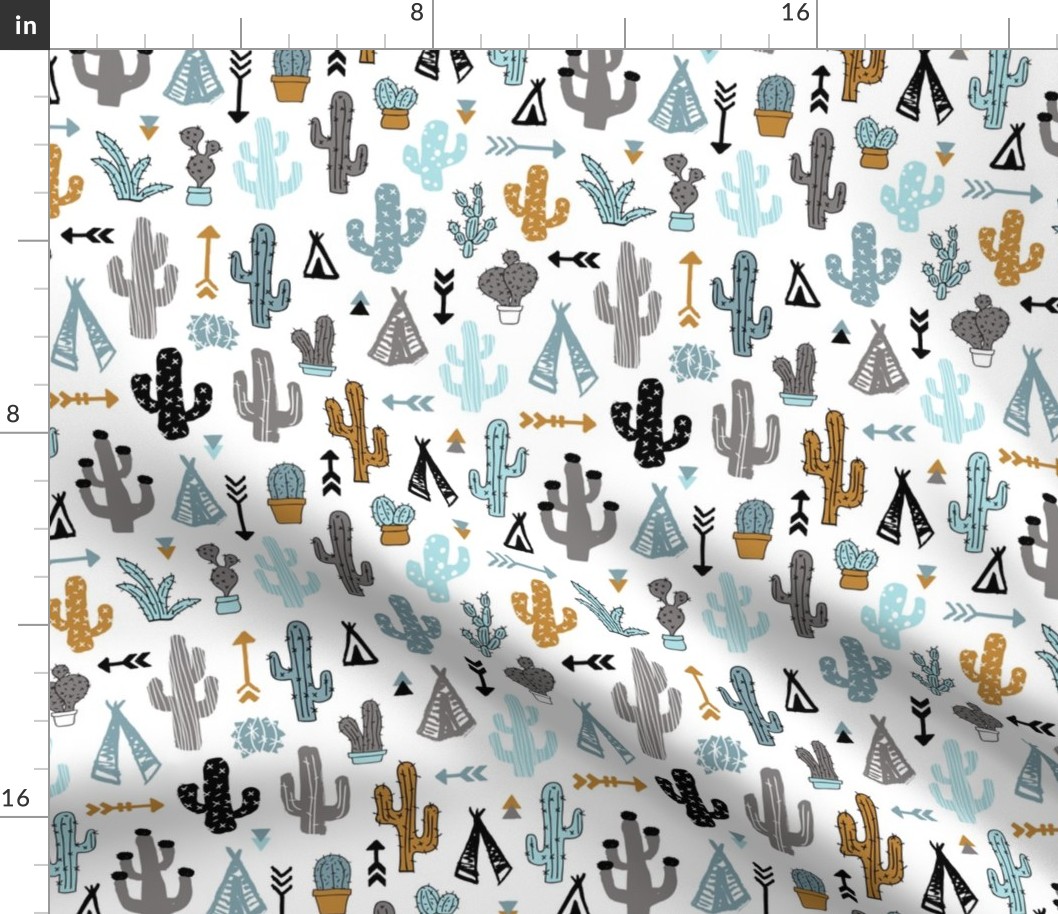 Colorful cactus and teepee botanical summer garden and indian arrow geometric grunge illustration pattern boys blue mustard