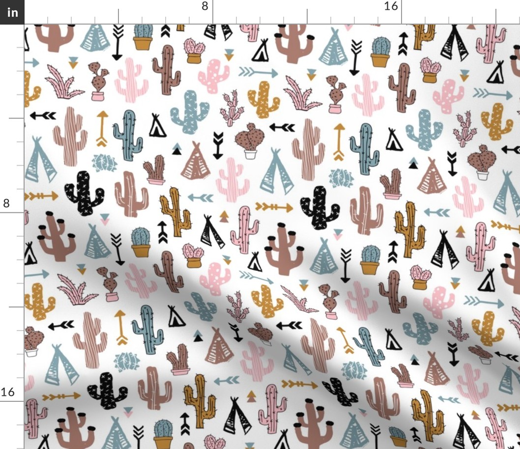 Colorful cactus and teepee botanical summer garden and indian arrow geometric grunge illustration pattern girls pink winter