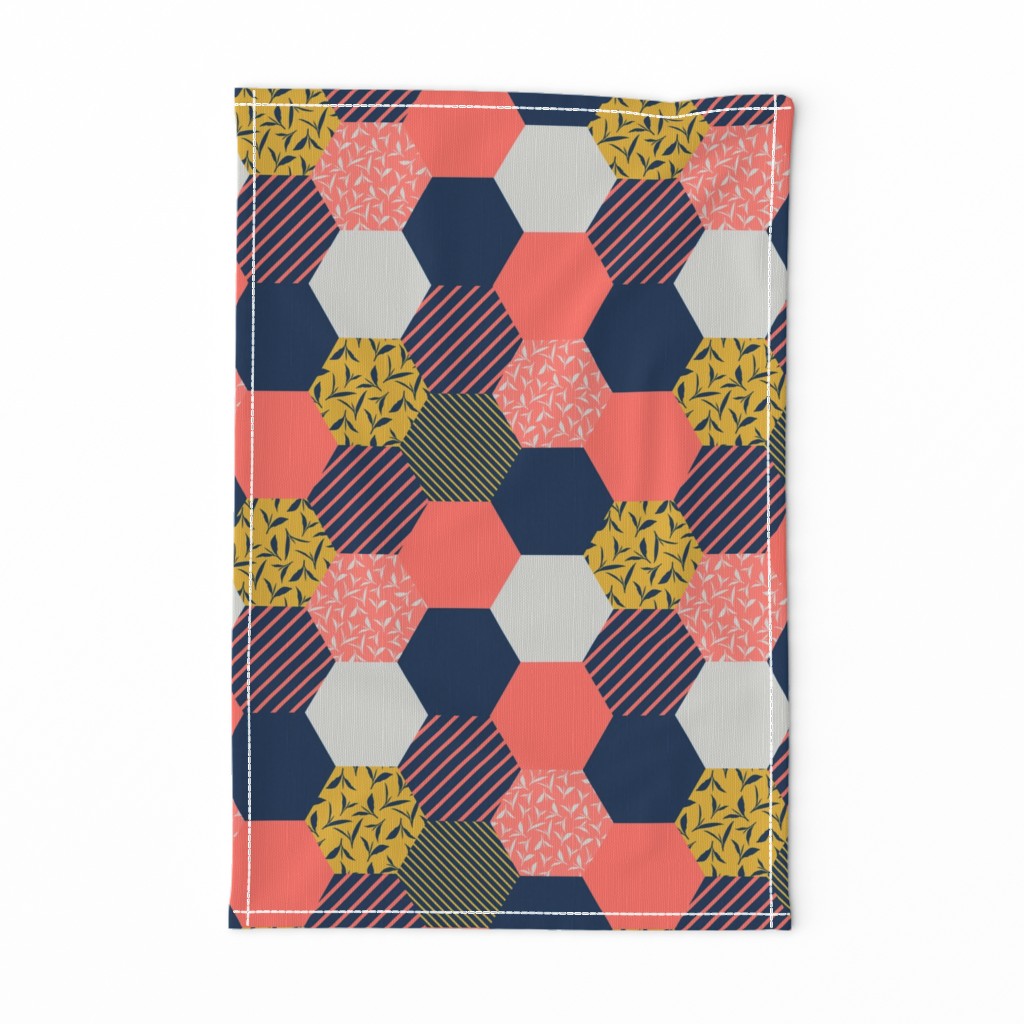 tea leaf hexagons - coral, navy, ocher and gray