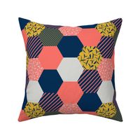 tea leaf hexagons - coral, navy, ocher and gray