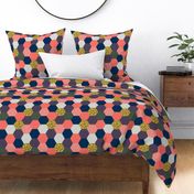 tea leaf hexagons - coral, navy, ocher and gray