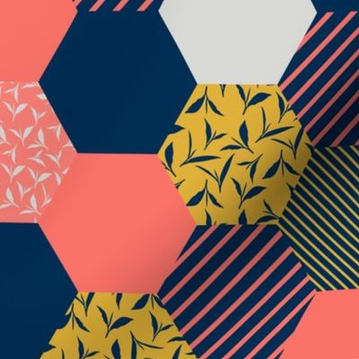 tea leaf hexagons - coral, navy, ocher and gray