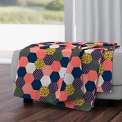 tea leaf hexagons - coral, navy, ocher and gray