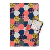 tea leaf hexagons - coral, navy, ocher and gray