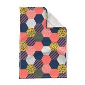 tea leaf hexagons - coral, navy, ocher and gray