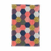 tea leaf hexagons - coral, navy, ocher and gray