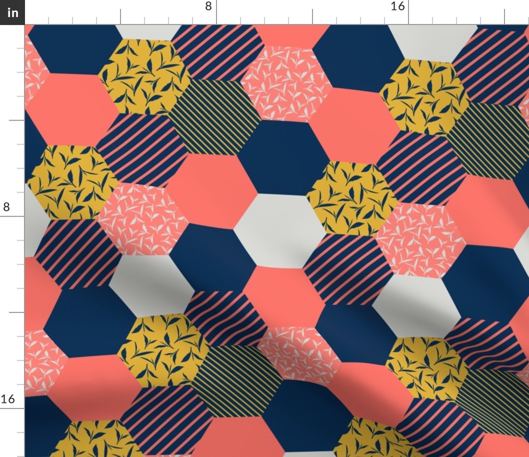 tea leaf hexagons - coral, navy, ocher and gray