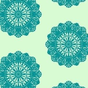 Dresden Doilies of Teal on Spring Frost Green