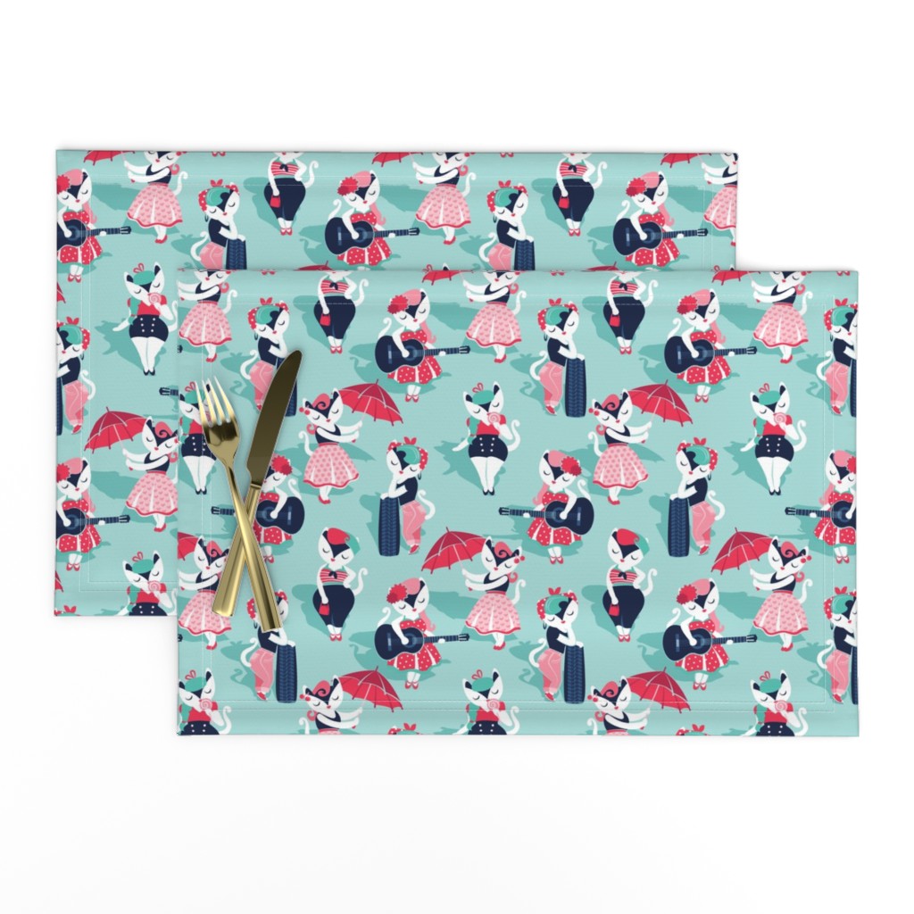 Rockabilly cats // small scale // aqua background white pin-up cats in fancy red pink and navy blue outfits