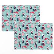 Rockabilly cats // small scale // aqua background white pin-up cats in fancy red pink and navy blue outfits