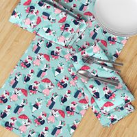Rockabilly cats // small scale // aqua background white pin-up cats in fancy red pink and navy blue outfits