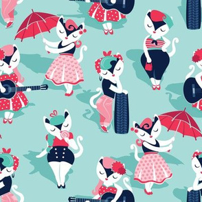 Rockabilly cats // small scale // aqua background white pin-up cats in fancy red pink and navy blue outfits