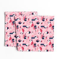 Rockabilly cats // small scale // pink background white pin-up cats in fancy red pink and navy blue outfits