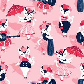 Rockabilly cats // small scale // pink background white pin-up cats in fancy red pink and navy blue outfits