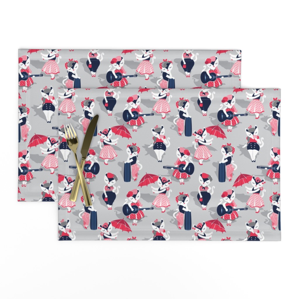 Rockabilly cats // small scale // grey background white pin-up cats in fancy red pink and navy blue outfits