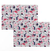 Rockabilly cats // small scale // grey background white pin-up cats in fancy red pink and navy blue outfits