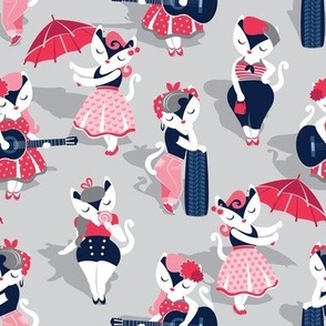 Rockabilly cats // small scale // grey background white pin-up cats in fancy red pink and navy blue outfits