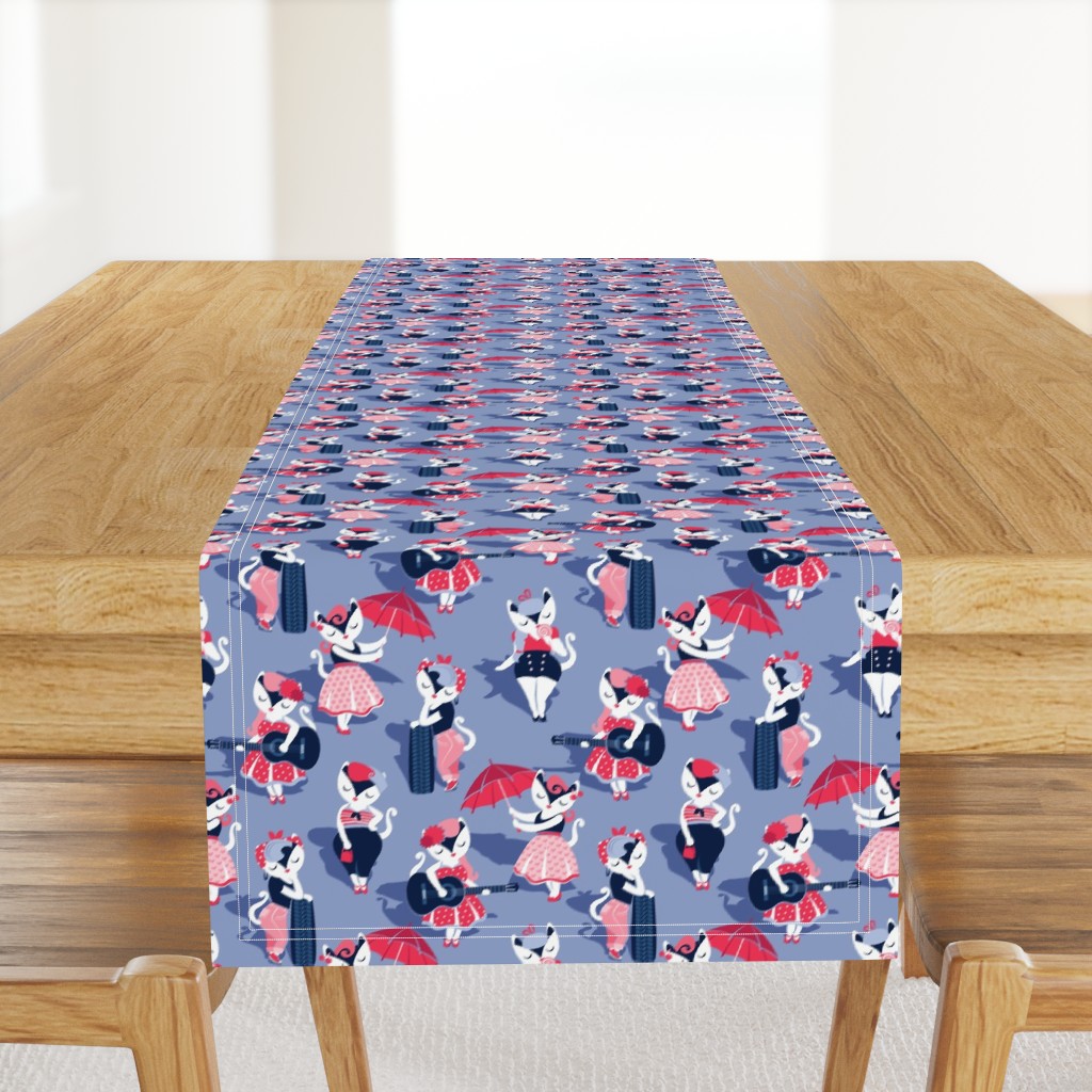 Rockabilly cats // small scale // indigo blue background white pin-up cats in fancy red pink and navy blue outfits