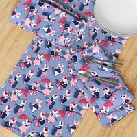 Rockabilly cats // small scale // indigo blue background white pin-up cats in fancy red pink and navy blue outfits