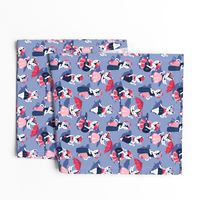 Rockabilly cats // small scale // indigo blue background white pin-up cats in fancy red pink and navy blue outfits