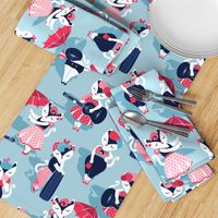 Rockabilly cats // normal scale // pastel blue background white pin-up cats in fancy red pink and navy blue outfits