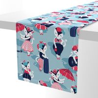 Rockabilly cats // normal scale // pastel blue background white pin-up cats in fancy red pink and navy blue outfits