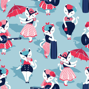 Rockabilly cats // normal scale // pastel blue background white pin-up cats in fancy red pink and navy blue outfits