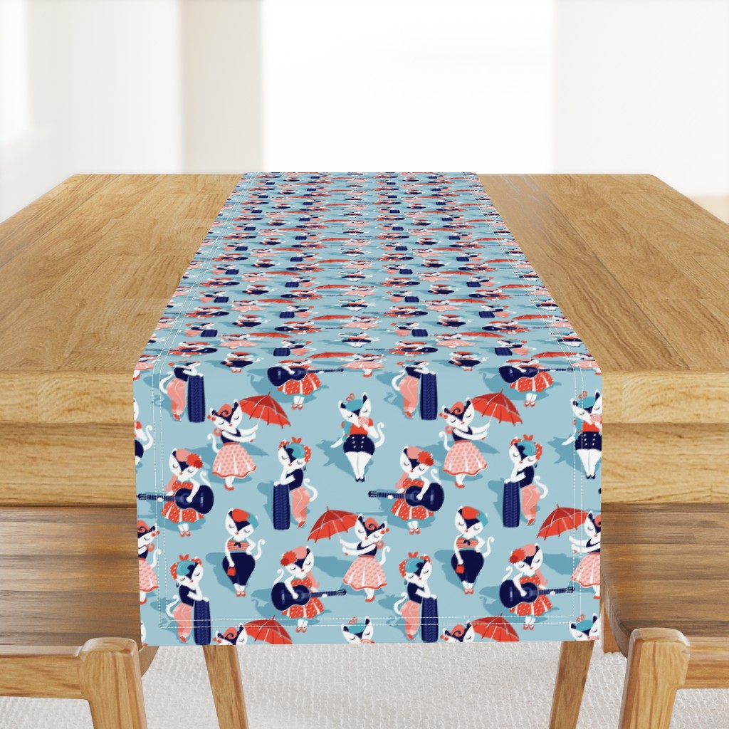 Rockabilly cats // small scale // pastel blue background white pin-up cats in fancy orange and navy blue outfits