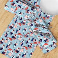 Rockabilly cats // small scale // pastel blue background white pin-up cats in fancy orange and navy blue outfits