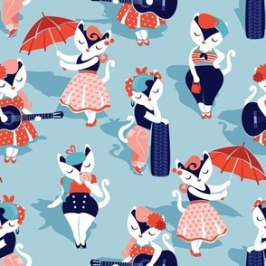 Rockabilly cats // small scale // pastel blue background white pin-up cats in fancy orange and navy blue outfits