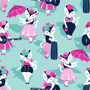 Rockabilly cats // small scale // aqua blue background white pin-up cats in fancy pink and navy blue outfits