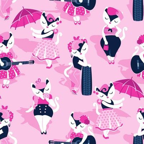 Rockabilly cats // small scale // pink background white pin-up cats in fancy pink and navy blue outfits