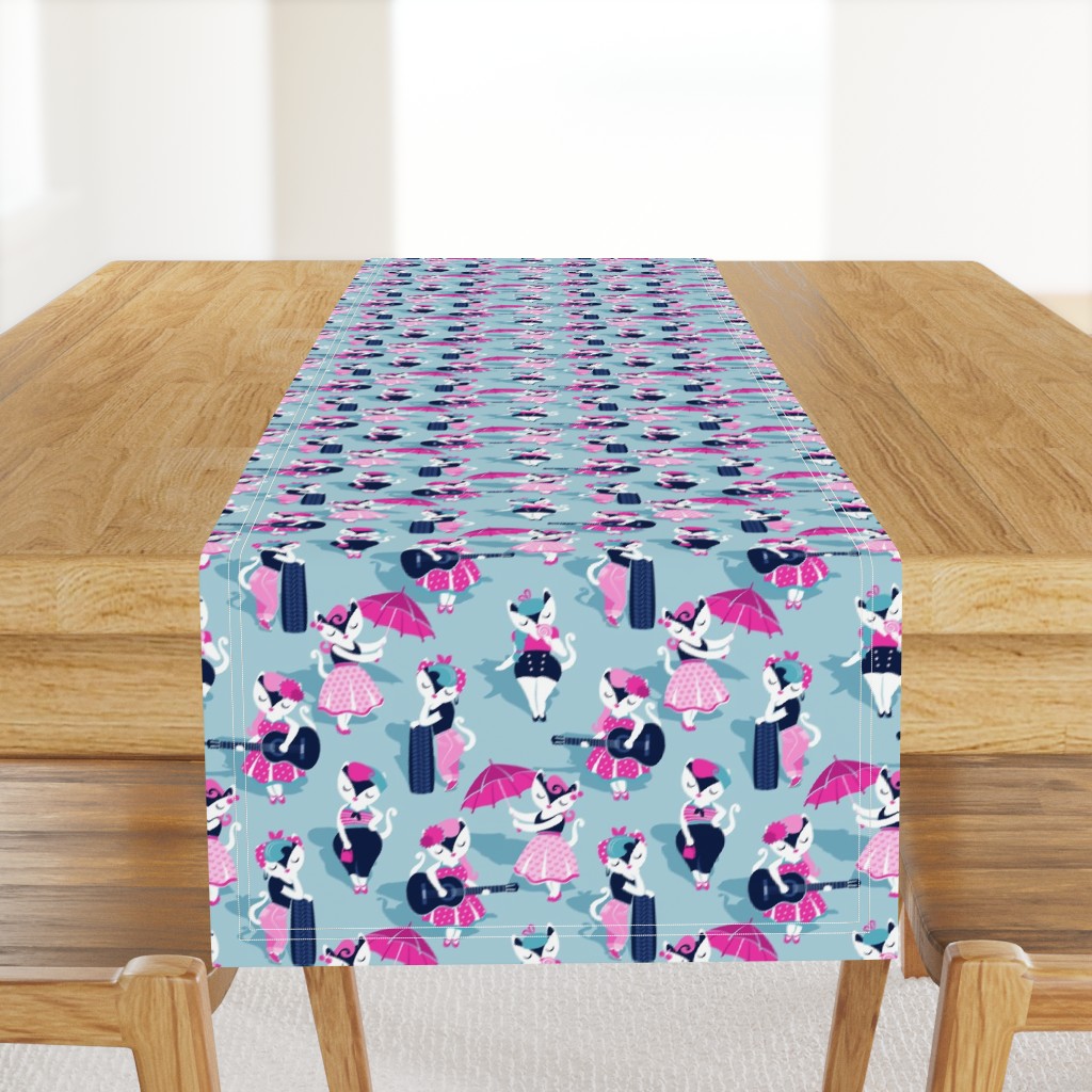 Rockabilly cats // small scale // pastel blue background white pin-up cats in fancy pink and navy blue outfits