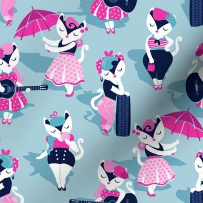 Rockabilly cats // small scale // pastel blue background white pin-up cats in fancy pink and navy blue outfits