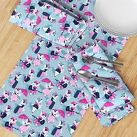 Rockabilly cats // small scale // pastel blue background white pin-up cats in fancy pink and navy blue outfits