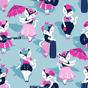 Rockabilly cats // small scale // pastel blue background white pin-up cats in fancy pink and navy blue outfits