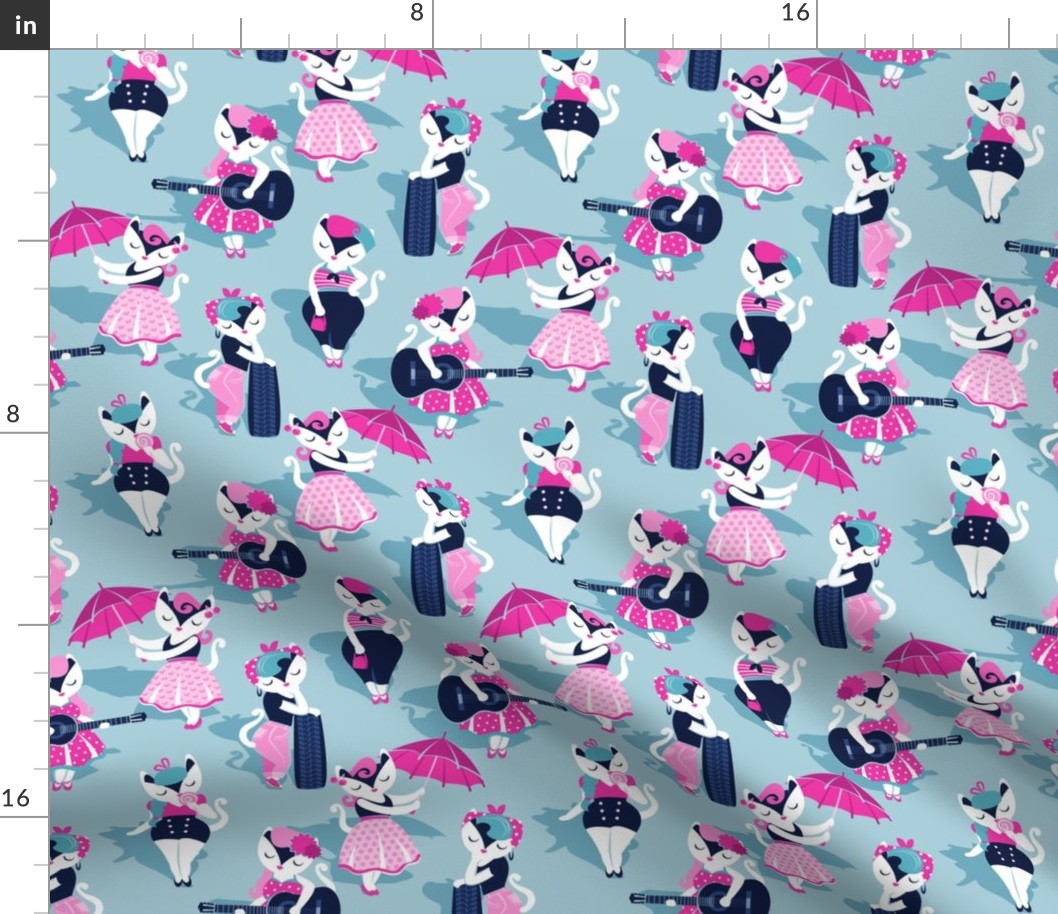 Rockabilly cats // small scale // pastel blue background white pin-up cats in fancy pink and navy blue outfits