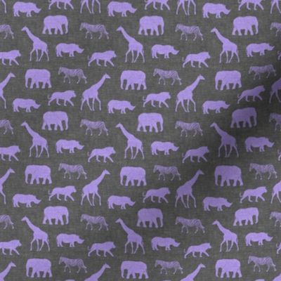 (small scale) Safari animals - purple on grey - elephant, giraffe, rhino, zebra C19BS
