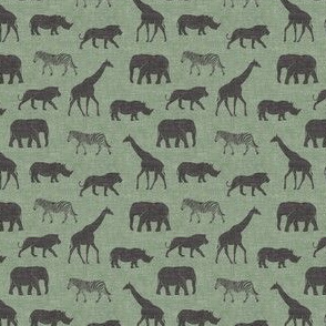 (small scale) Safari animals - dark grey and sage - elephant, giraffe, rhino, zebra C19BS