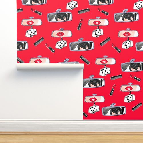 retro, rot, Auto, Rockabilly, Spiegel, Würfel, Lippenstift, Ausflug, Kamm,  50er Jahre, Hot Rod - Spoonflower