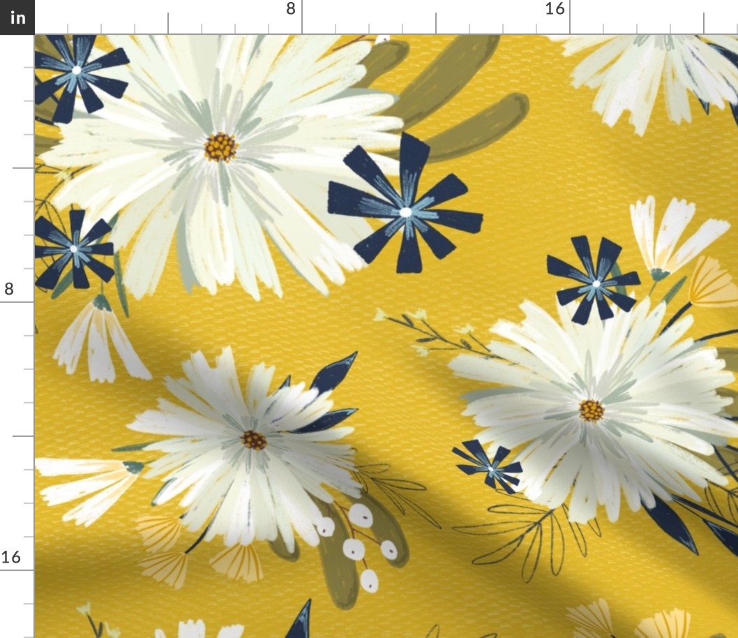 Modern Daisy Floral on Mustard Yellow - large scale 