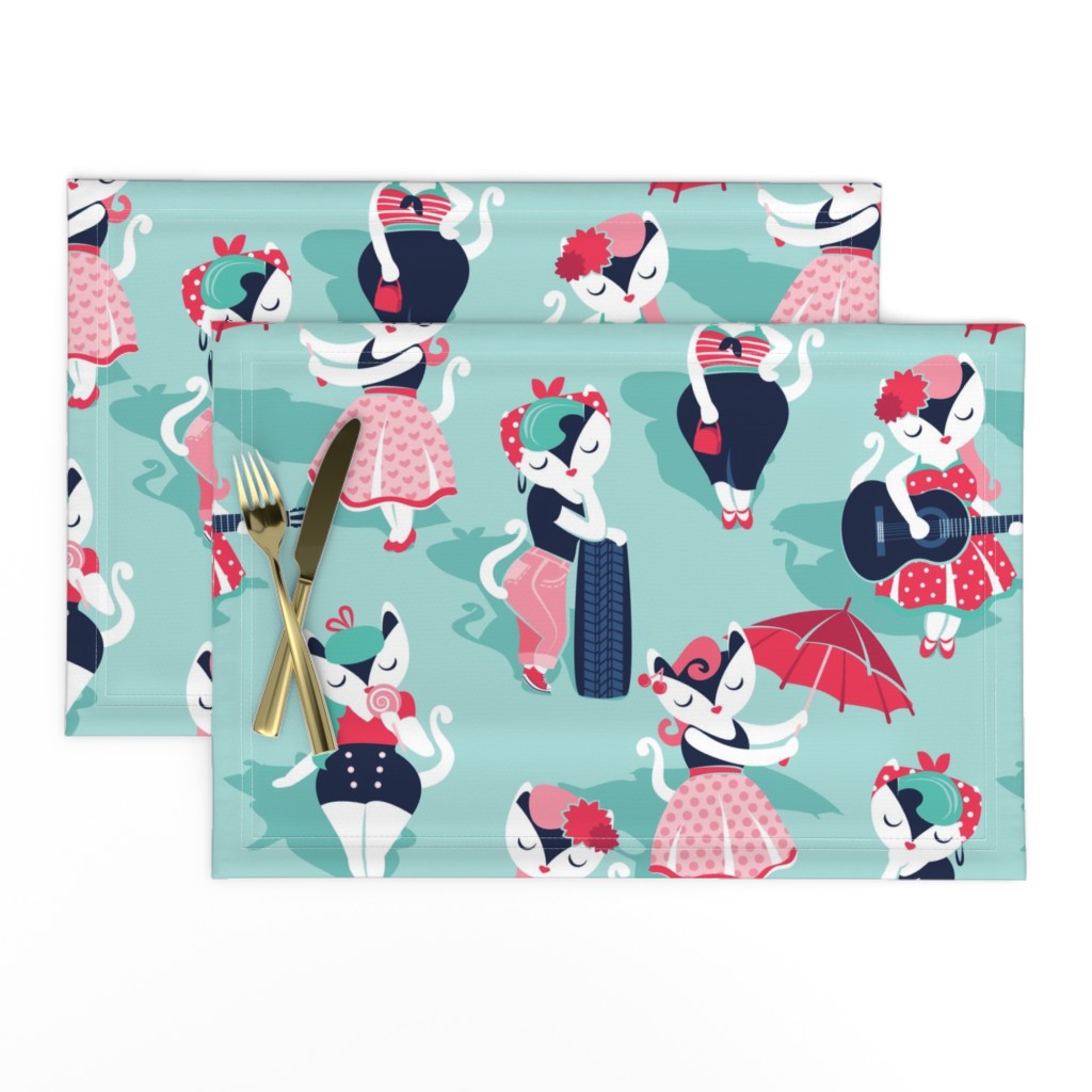 Rockabilly cats // normal scale // aqua background white pin-up cats in fancy red pink and navy blue outfits