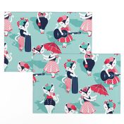 Rockabilly cats // normal scale // aqua background white pin-up cats in fancy red pink and navy blue outfits