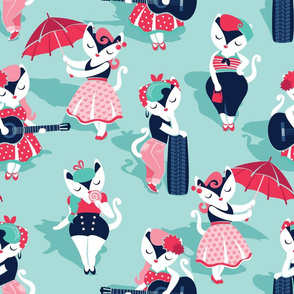 Rockabilly cats // normal scale // aqua background white pin-up cats in fancy red pink and navy blue outfits