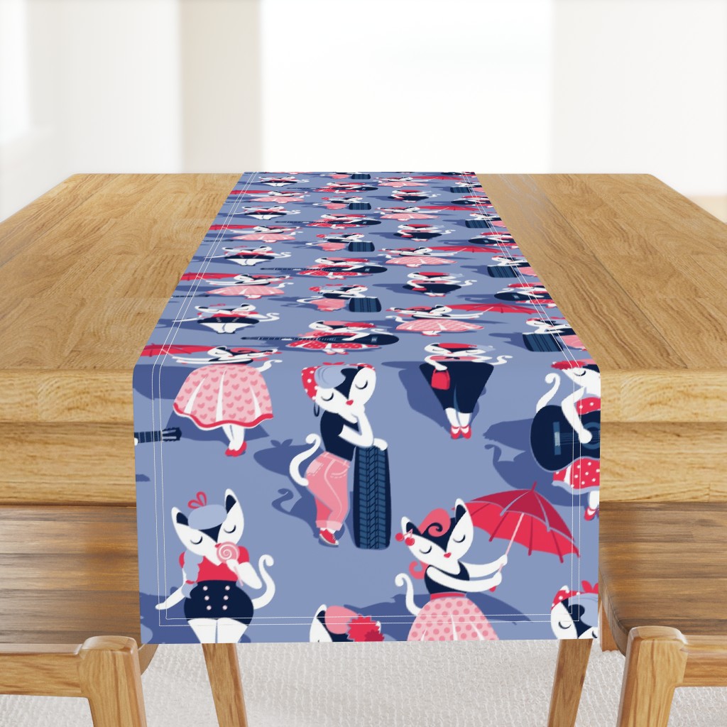 Rockabilly cats // normal scale // indigo blue background white pin-up cats in fancy red pink and navy blue outfits