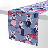 Rockabilly cats // normal scale // indigo blue background white pin-up cats in fancy red pink and navy blue outfits